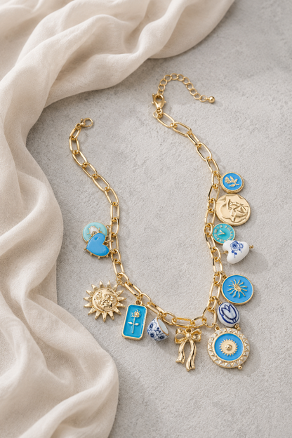 Blue Bold & Gold Charms Necklace
