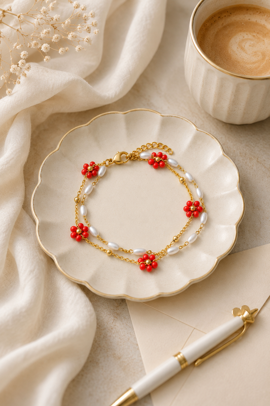 Red Flower Charms Bracelet