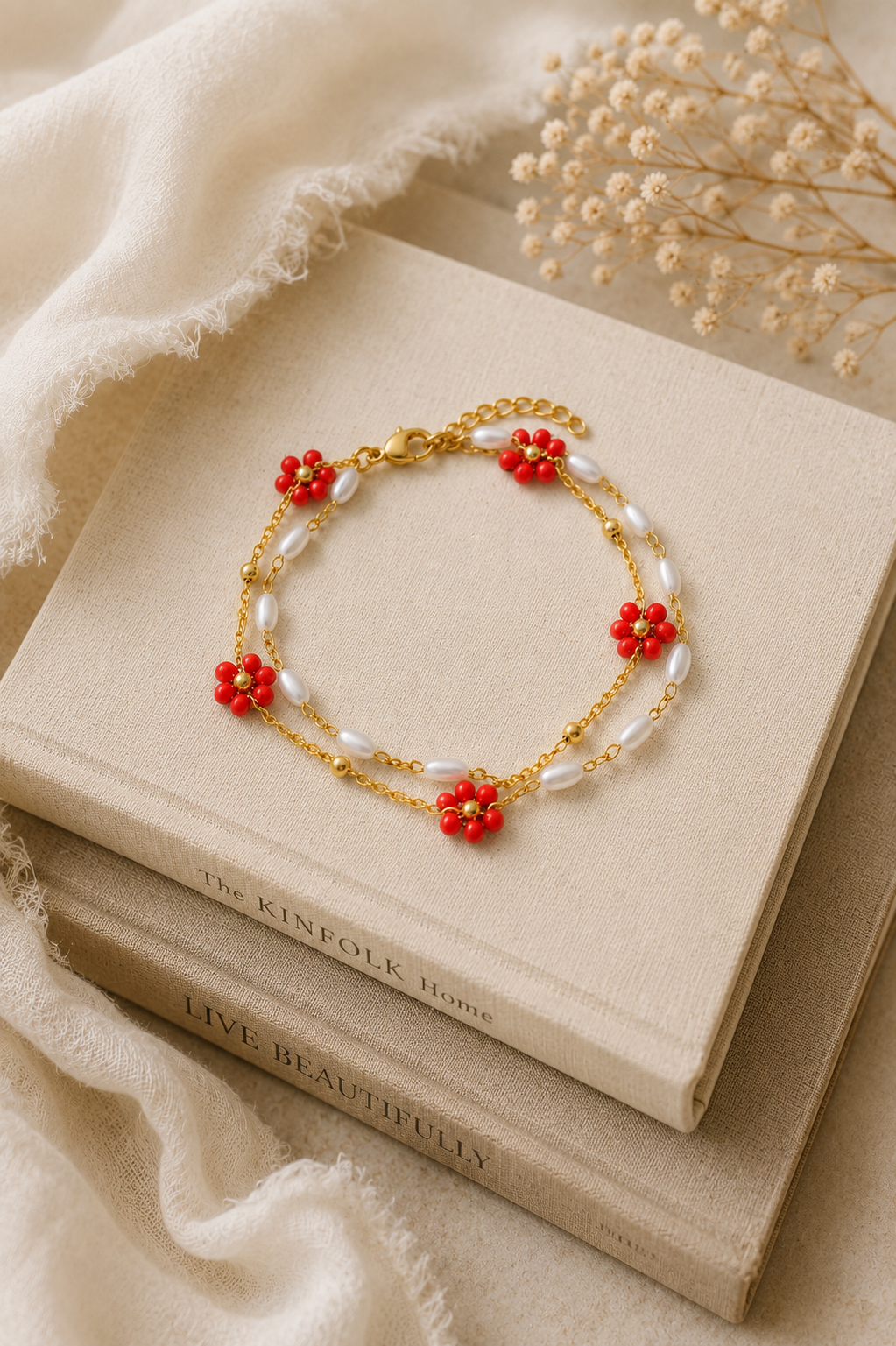 Red Flower Charms Bracelet